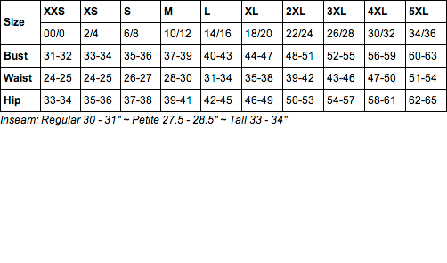 Cherokee Womens Sizing Chart