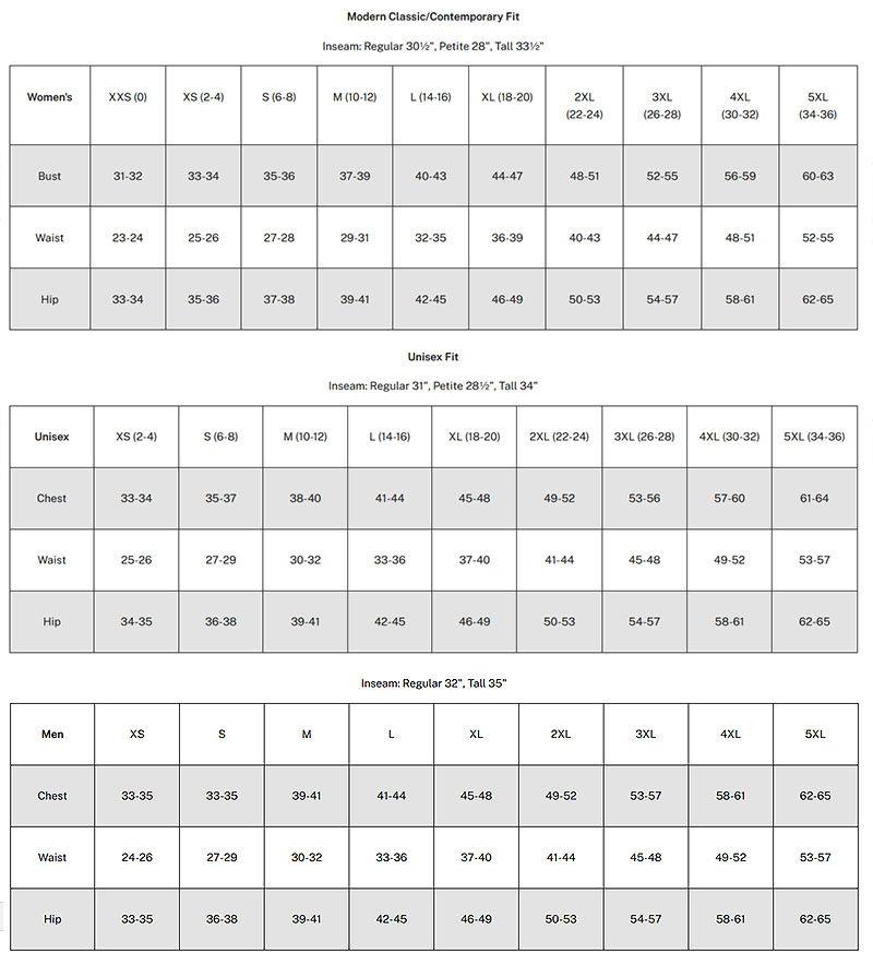 Dickie's sizing chart