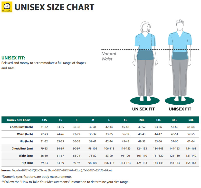 wonderwink unisex size chart