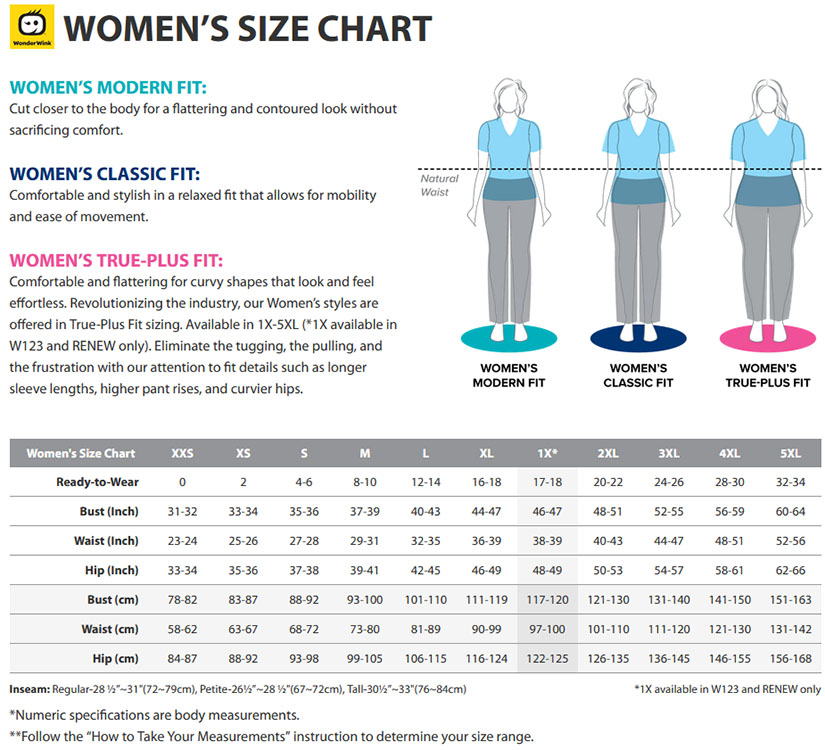 Wonderwink women size chart